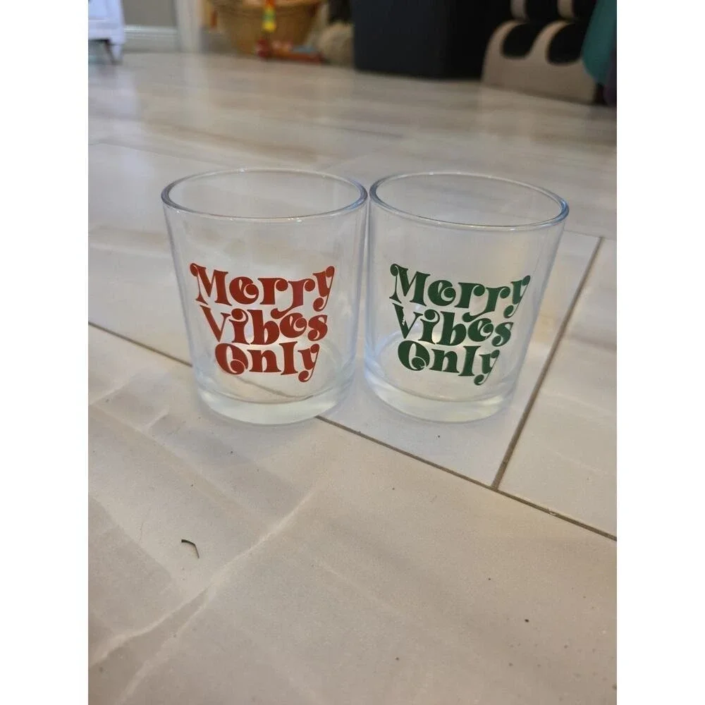 Set of 2 MERRY VIBES ONLY‎ Christmas Lowball Glass Tumblers 10.25 oz. Each